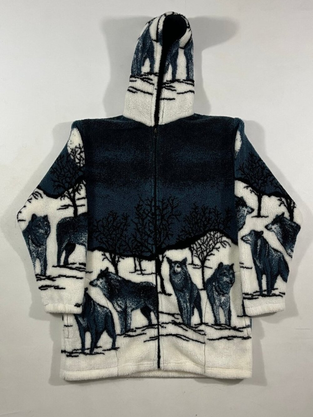 Vintage Andrea Faye Marmania Wolf Print All Over Fleece Zip Hoodie Jacket